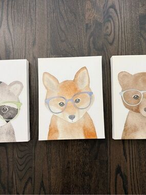 Fox, Bear and Racoon Pictures with Glasses Nursery Canvas Wall Art